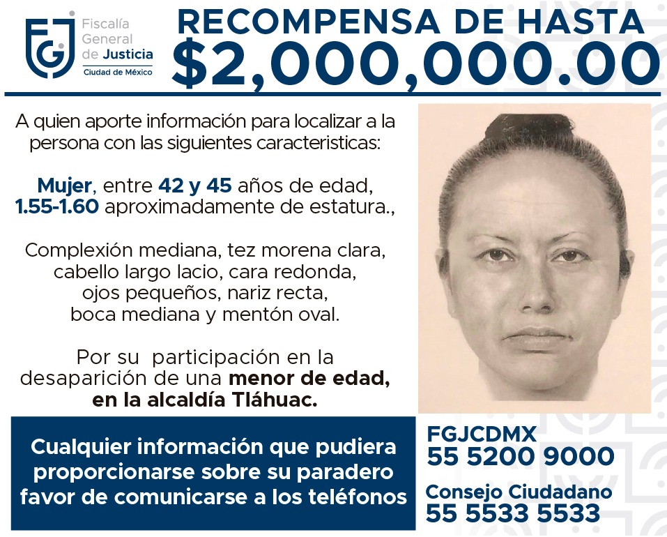 Ofrecen recompensa de 2 mdp por para localizar a mujer que se llevó a Fátima.