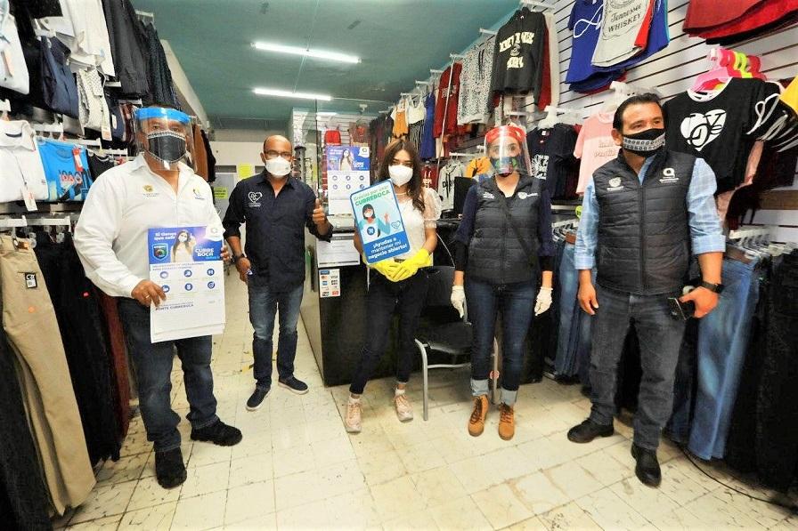 Comerciantes de Querétaro emprenden campaña de promoción de medidas contra COVID-19.