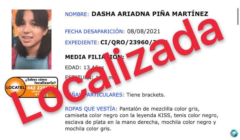 Encuentran a Dasha Adriana; joven que esta desaparecida en Querétaro