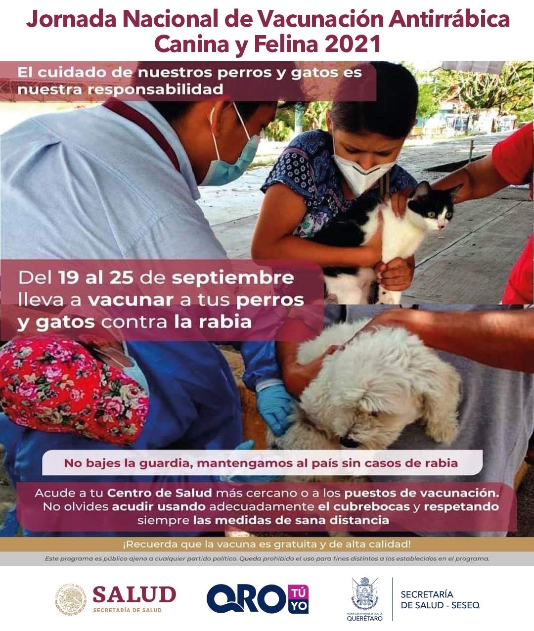 Del 19 al 25 de septiembre, la campaña de Vacunación Antirrábica Canina y Felina 2021 en Querétaro