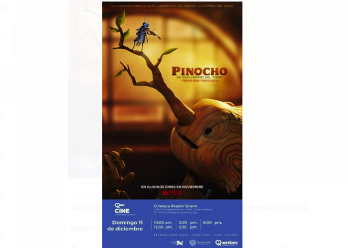 En la Cineteca Rosario Solano se proyectará la película Pinocho el 11 de diciembre.