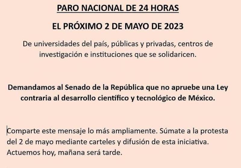 Paro nacional de Universidades en México el 2 de Mayo; piden al Senado no aprobar desaparición del CONACYT.