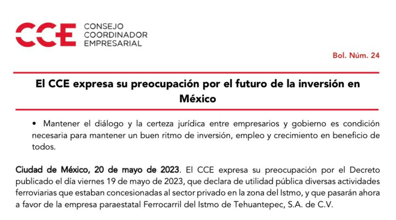 #Economía #Empresas La #Expropiación de #Ferrosur por parte del Gobierno de #AMLO genera incertidumbre para la inversión; asegura el Consejo Coordinador Empresarial. (CCE).