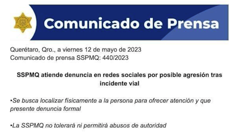 SSPMQ asegura que atiende denuncia sobre posible agresión tras incidente vial en Querétaro.