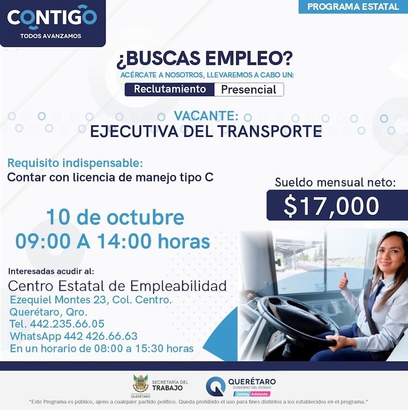 Salario de 17 mil pesos a conductoras de transporte público en Querétaro; inicia reclutamiento.