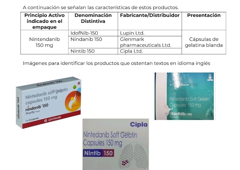 Emiten alerta sanitaria por venta de Nindanib, Nintib e IdofNib sin registro.