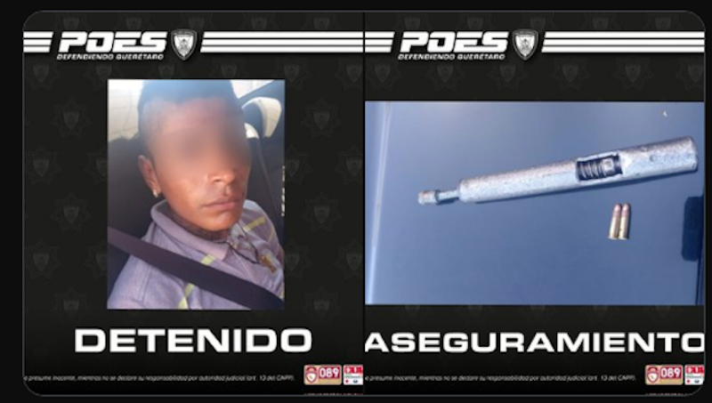 #Seguridad La Policía Estatal de #Querétaro (POES) llevó a cabo la detención de un individuo en la Colonia Vista Alegre, por el delito de portación de un arma de fuego prohibida.