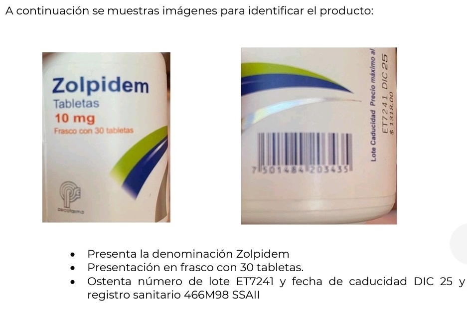 Detectan lote falsificado del medicamento Zolpimed.