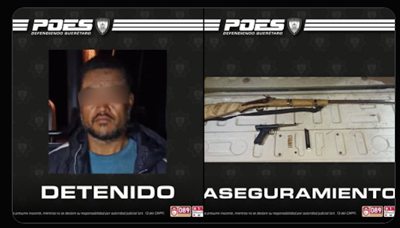Elementos de la POES aseguran armas de fuego y detienen a individuo en Amealco.
