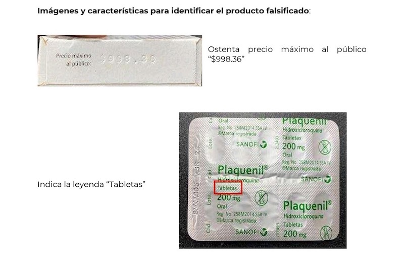 Hay riesgo sanitario por falsificación del medicamento Plaquenil.