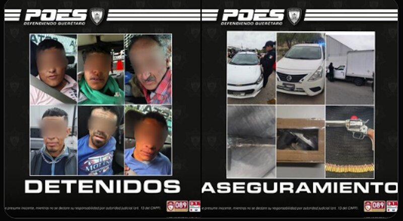 Captura POES 6 sujetos y asegura autos robados, armas y sustancias ilícitas en Querétaro.
