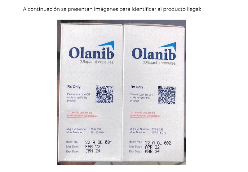 Alertan por venta ilegal del producto Olanib (olaparib) cápsulas.