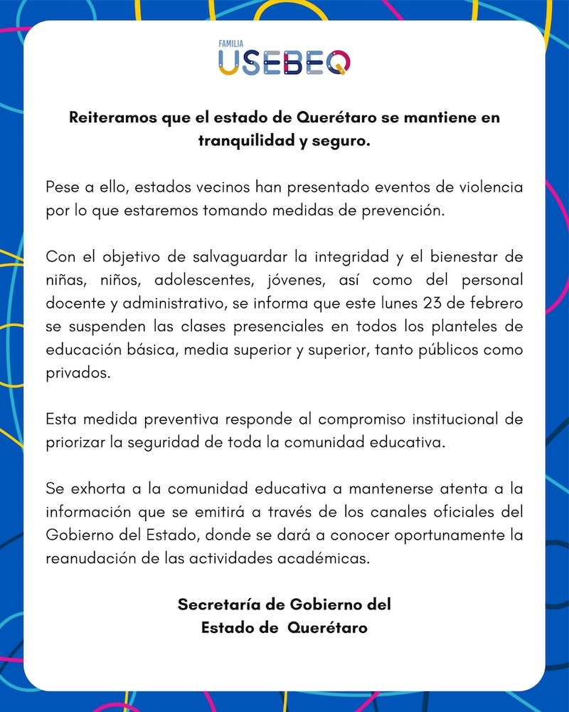 Querétaro suspende clases presenciales este lunes 23 de febrero como medida preventiva
