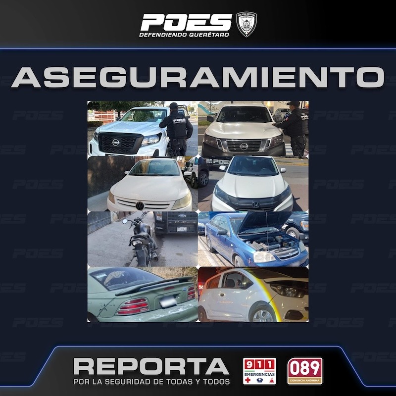 Recupera POES ocho vehículos con reporte de robo en cuatro municipios de Querétaro