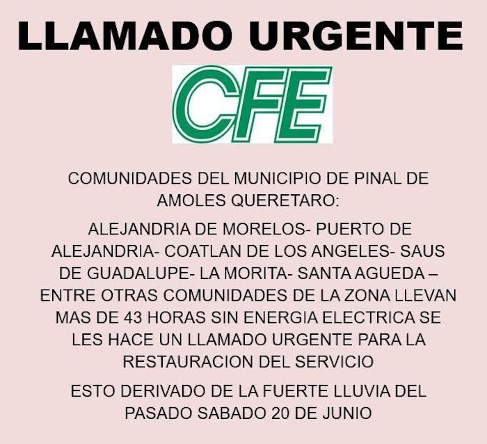 CFE deja sin luz eléctrica a comunidades de Colón y Pinal de Amoles; exigen atención inmediata