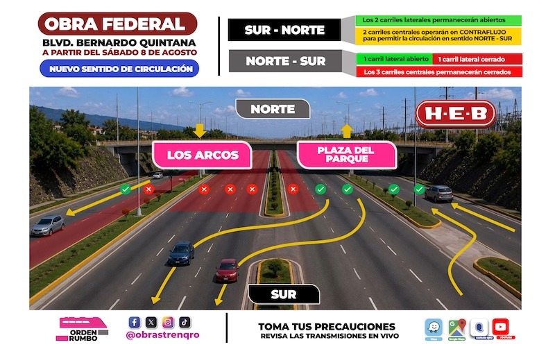 Aplican contraflujo en Bernardo Quintana por obras del Tren México-Querétaro