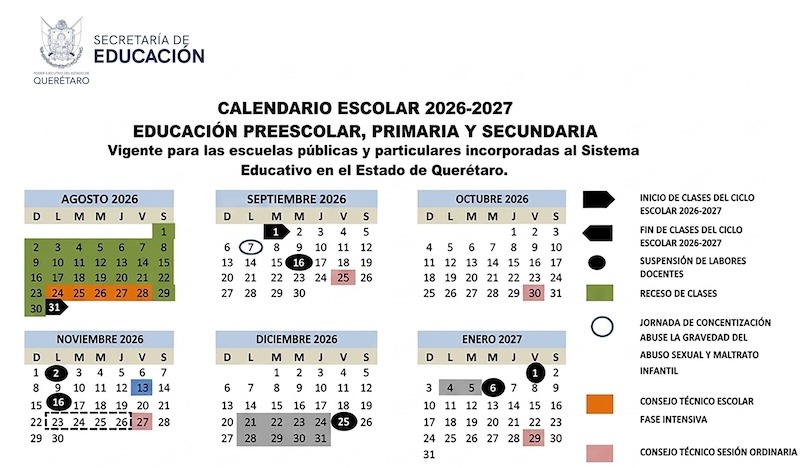 Calendario escolar 2026-2027 en Querétaro contempla 185 días efectivos de clases